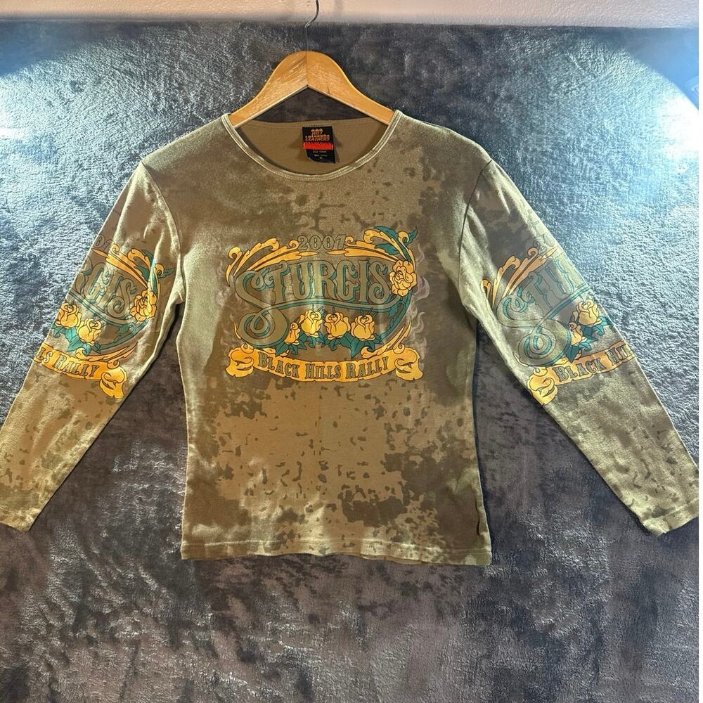 Y2K 2007 Hot Leathers Sturgis BHR Long Sleeve AOP Graphic Top XL Olive/Brown